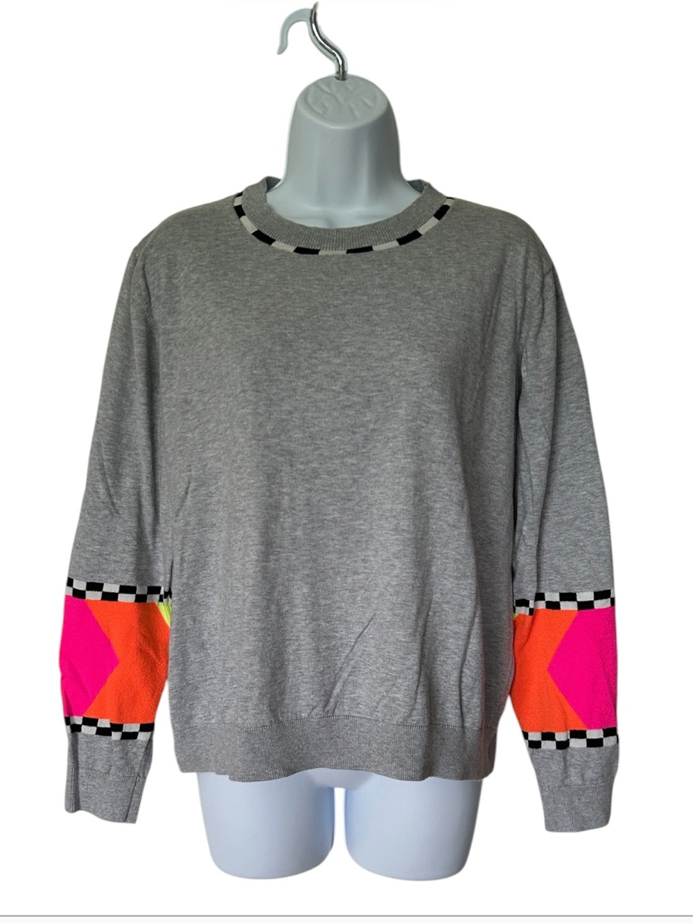 WISPR by Brodie Neon Chevron Checkerboard Silk Blend Knit Sweater $210. Gray XL